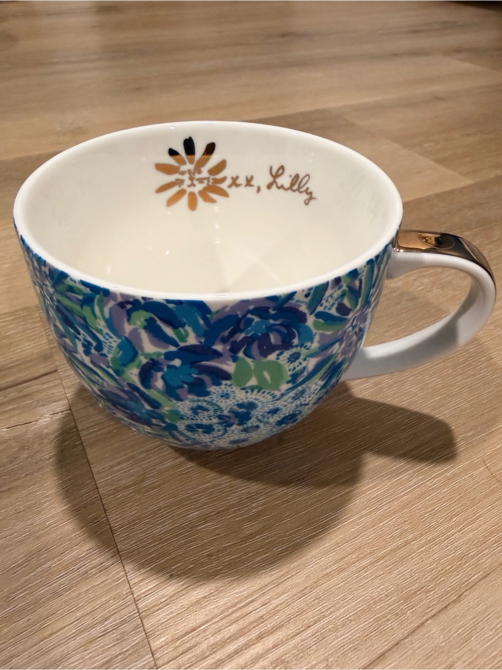 Lilly Pulitzer Blue Green Floral Ceramic Mug with Gold Handle